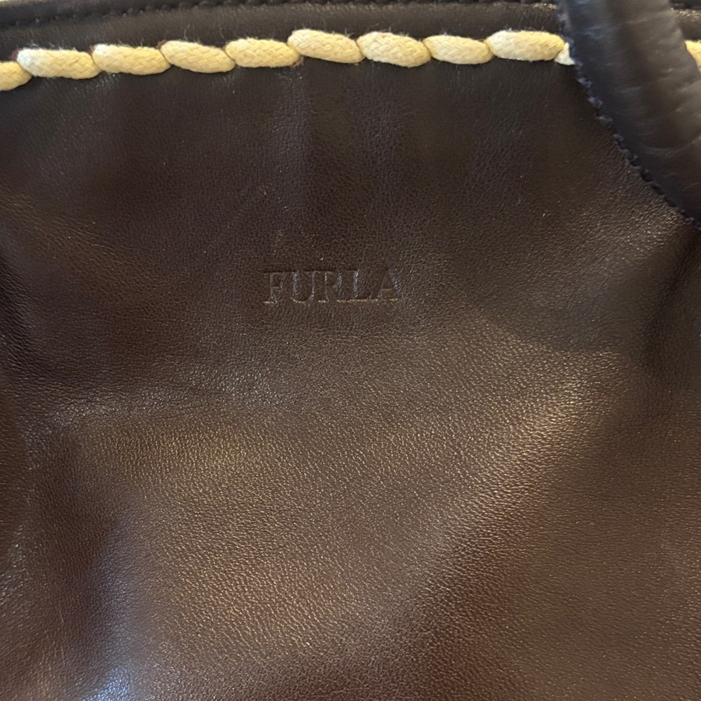 Furla/Certificate of Authenticity- Dark Brown Leather Satchel Cream Braided Trim - Picture 2 of 12